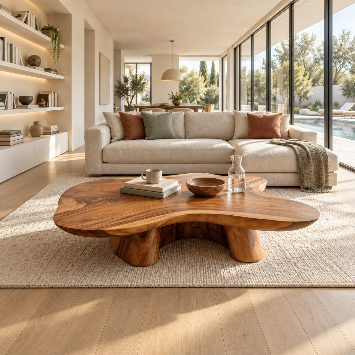 Organic Free Form Coffee Table on Twin Sculpted Pedestals, Cloud Shape Solid Wood Slab Table