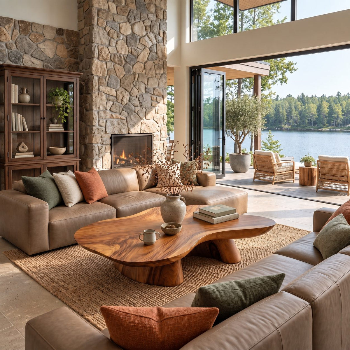 Organic Free Form Coffee Table on Twin Sculpted Pedestals, Cloud Shape Solid Wood Slab Table