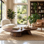 Organic Free Form Coffee Table on Twin Sculpted Pedestals, Cloud Shape Solid Wood Slab Table