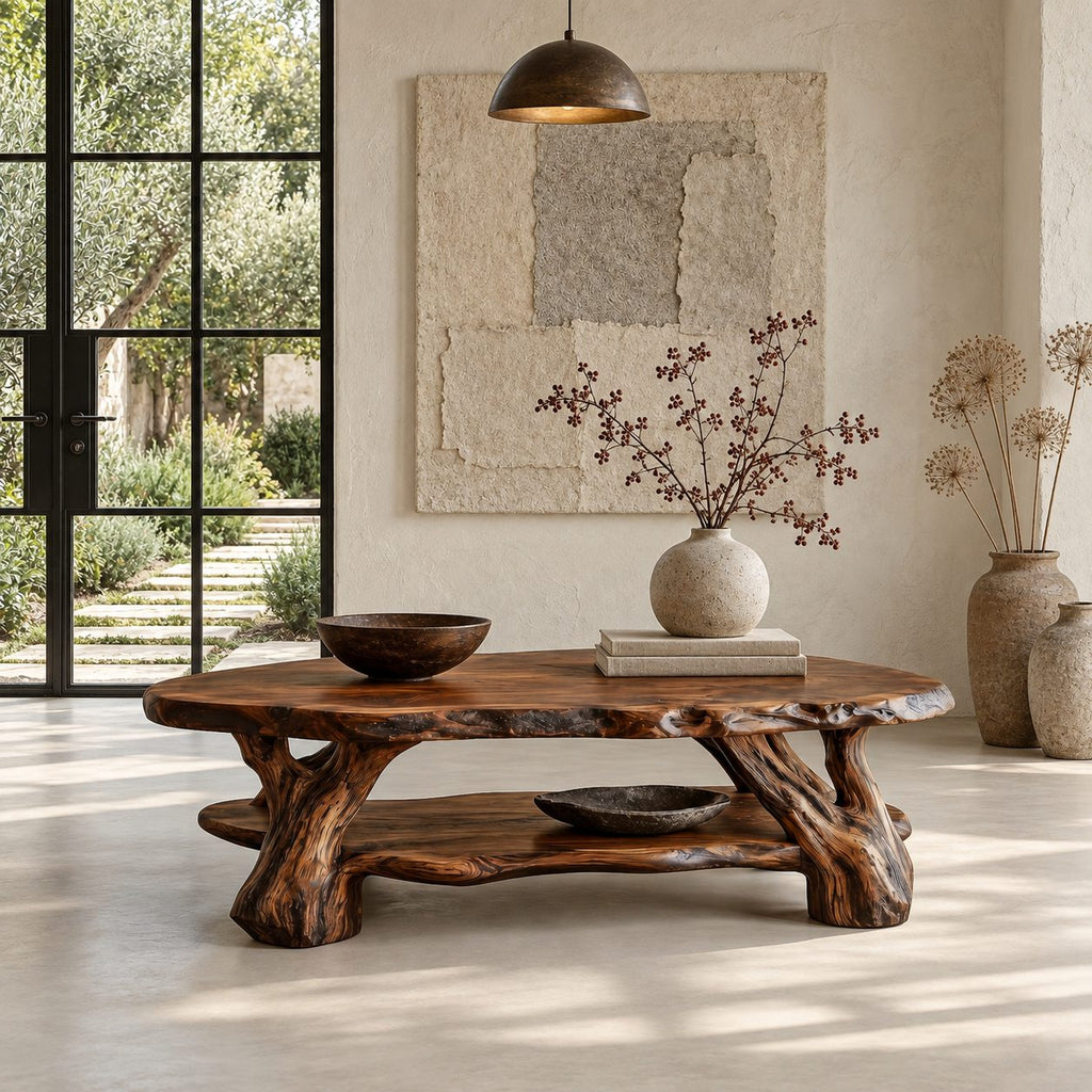 Root Wood Coffee Table with Live Edge Top and Lower Shelf, Sculptural Natural Solid Wood Table