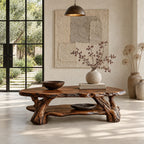 Root Wood Coffee Table with Live Edge Top and Lower Shelf, Sculptural Natural Solid Wood Table