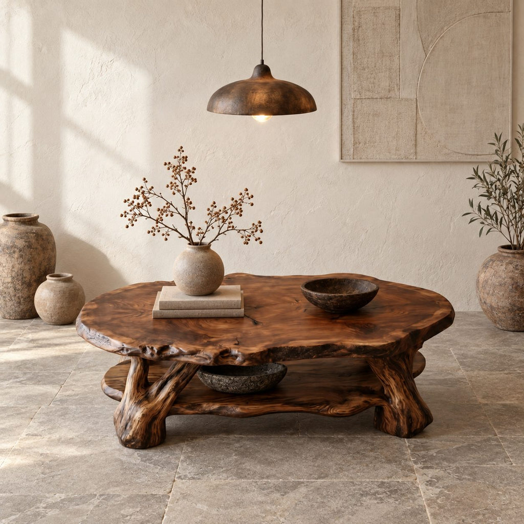 Root Wood Coffee Table with Live Edge Top and Lower Shelf, Sculptural Natural Solid Wood Table