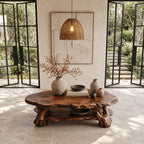 Root Wood Coffee Table with Live Edge Top and Lower Shelf, Sculptural Natural Solid Wood Table