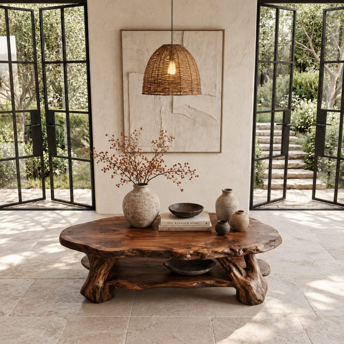 Root Wood Coffee Table with Live Edge Top and Lower Shelf, Sculptural Natural Solid Wood Table