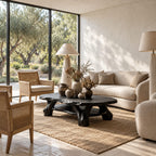 Root Wood Coffee Table with Live Edge Top and Lower Shelf, Sculptural Natural Solid Wood Table