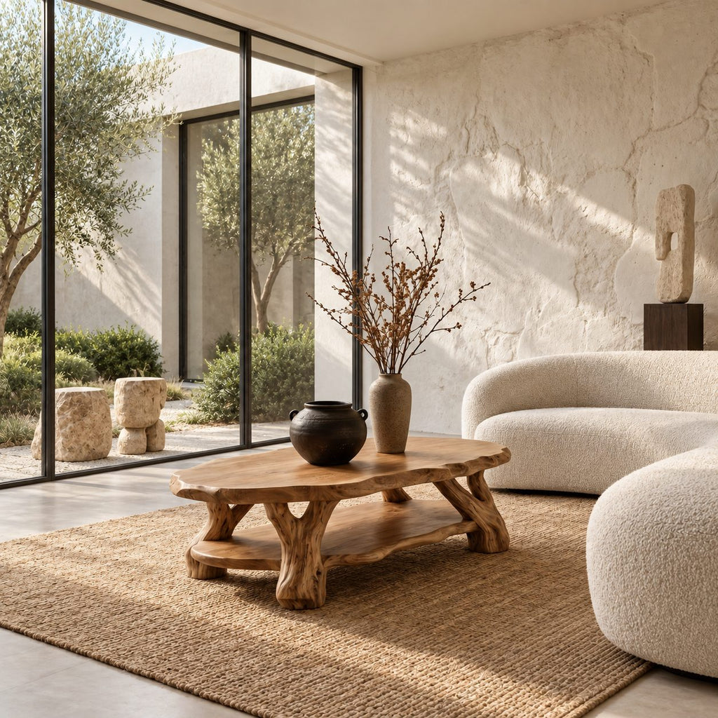 Root Wood Coffee Table with Live Edge Top and Lower Shelf, Sculptural Natural Solid Wood Table