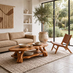 Root Wood Coffee Table with Live Edge Top and Lower Shelf, Sculptural Natural Solid Wood Table
