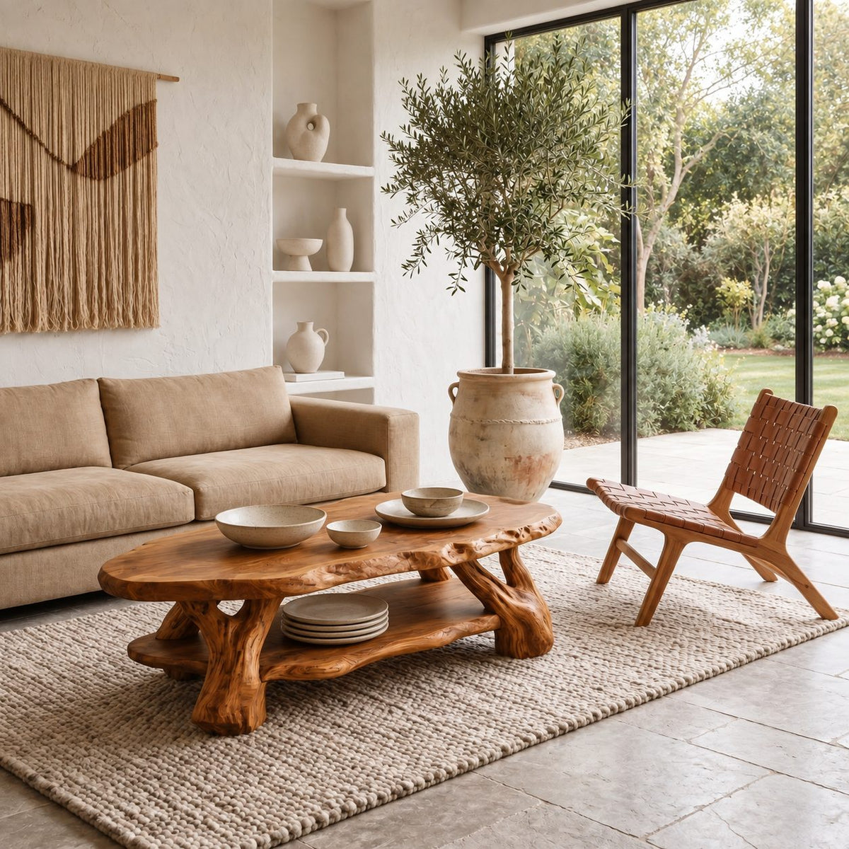 Root Wood Coffee Table with Live Edge Top and Lower Shelf, Sculptural Natural Solid Wood Table