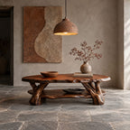 Root Wood Coffee Table with Live Edge Top and Lower Shelf, Sculptural Natural Solid Wood Table