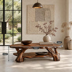 Root Wood Coffee Table with Live Edge Top and Lower Shelf, Sculptural Natural Solid Wood Table