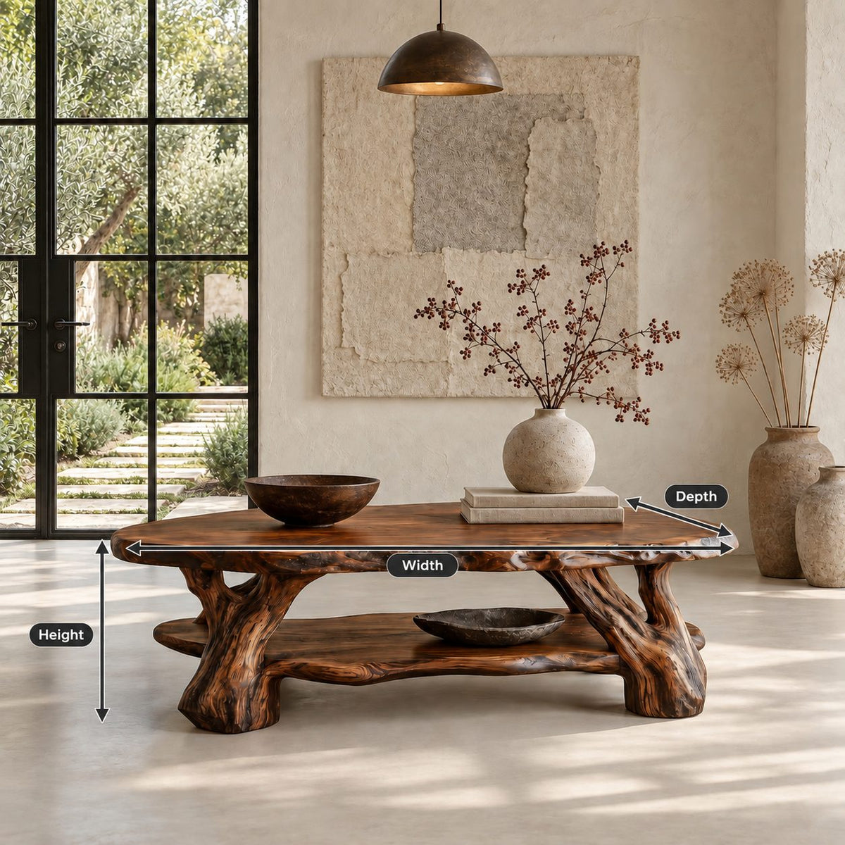 Root Wood Coffee Table with Live Edge Top and Lower Shelf, Sculptural Natural Solid Wood Table