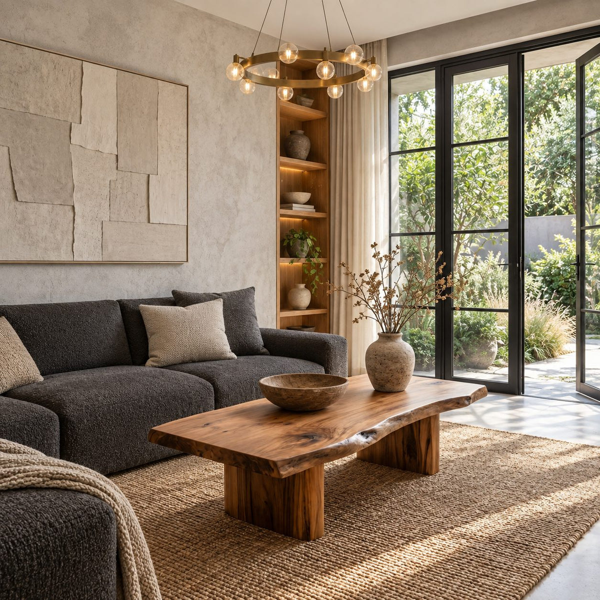 Rustic Live Edge Coffee Table on Two Block Legs, Simple Solid Wood Slab Center Table for Living Room