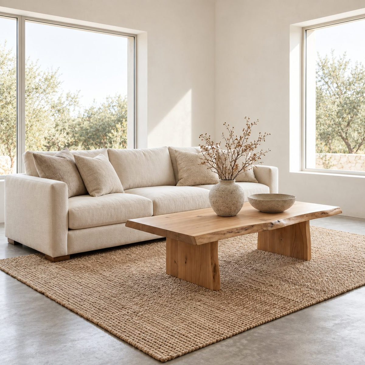 Rustic Live Edge Coffee Table on Two Block Legs, Simple Solid Wood Slab Center Table for Living Room