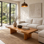 Rustic Live Edge Coffee Table on Two Block Legs, Simple Solid Wood Slab Center Table for Living Room