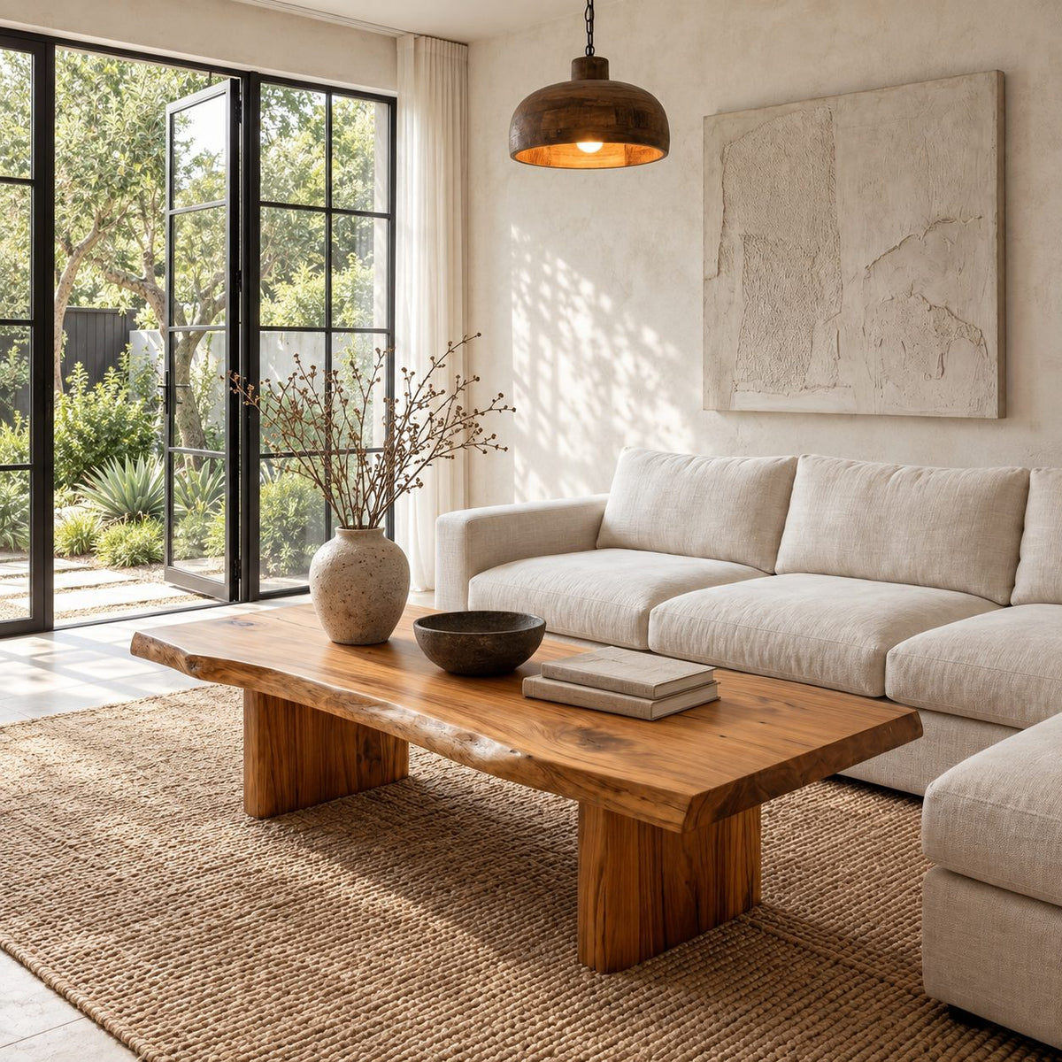 Rustic Live Edge Coffee Table on Two Block Legs, Simple Solid Wood Slab Center Table for Living Room