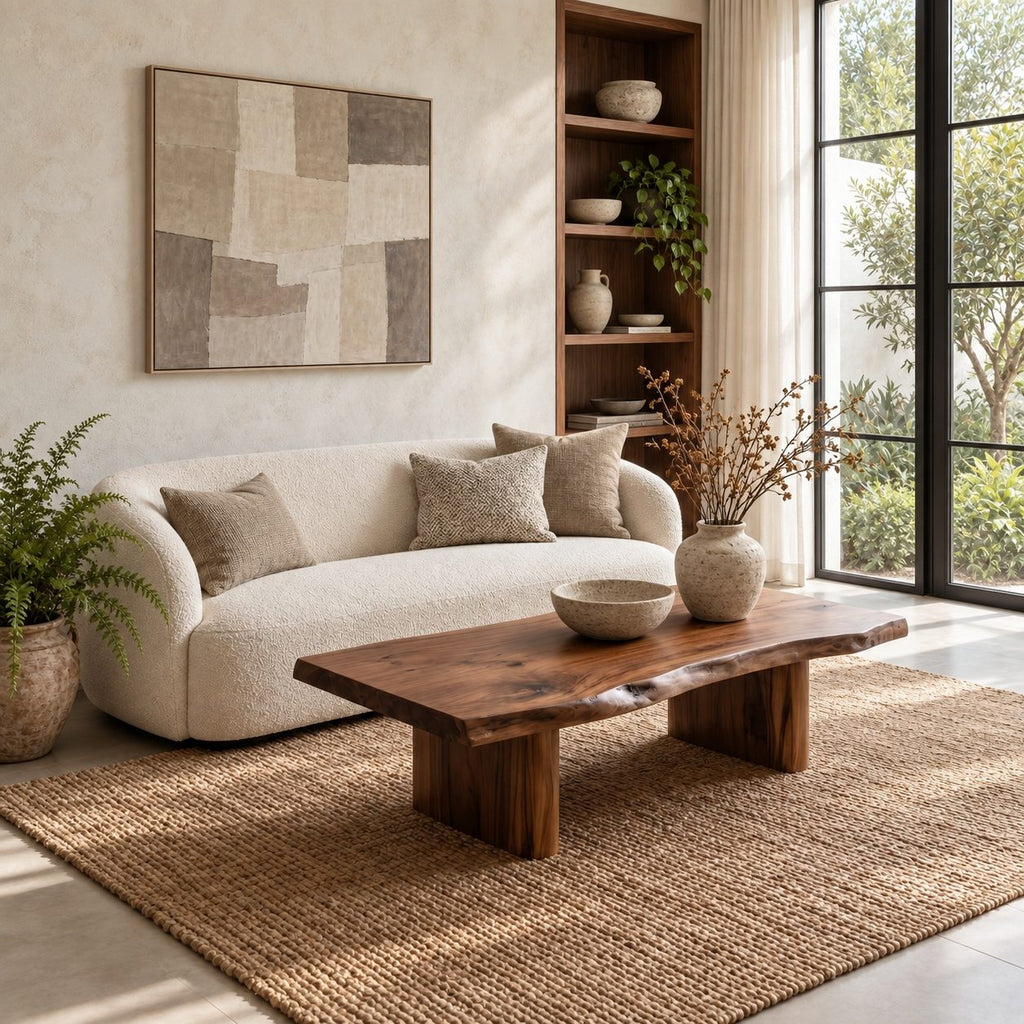 Rustic Live Edge Coffee Table on Two Block Legs, Simple Solid Wood Slab Center Table for Living Room