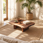 Low Live Edge Coffee Table with Natural Slab Top and Block Legs, Organic Solid Wood Lounge Table