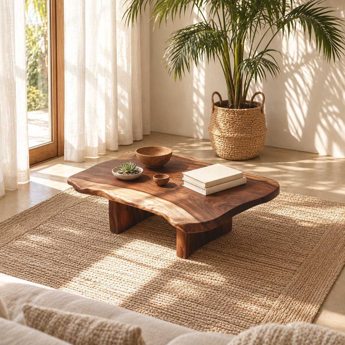 Low Live Edge Coffee Table with Natural Slab Top and Block Legs, Organic Solid Wood Lounge Table