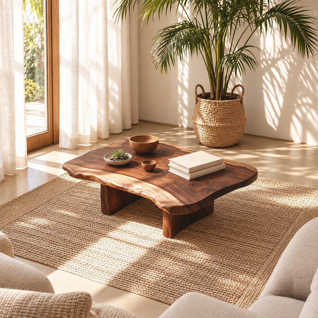 Low Live Edge Coffee Table with Natural Slab Top and Block Legs, Organic Solid Wood Lounge Table