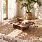 Low Live Edge Coffee Table with Natural Slab Top and Block Legs, Organic Solid Wood Lounge Table