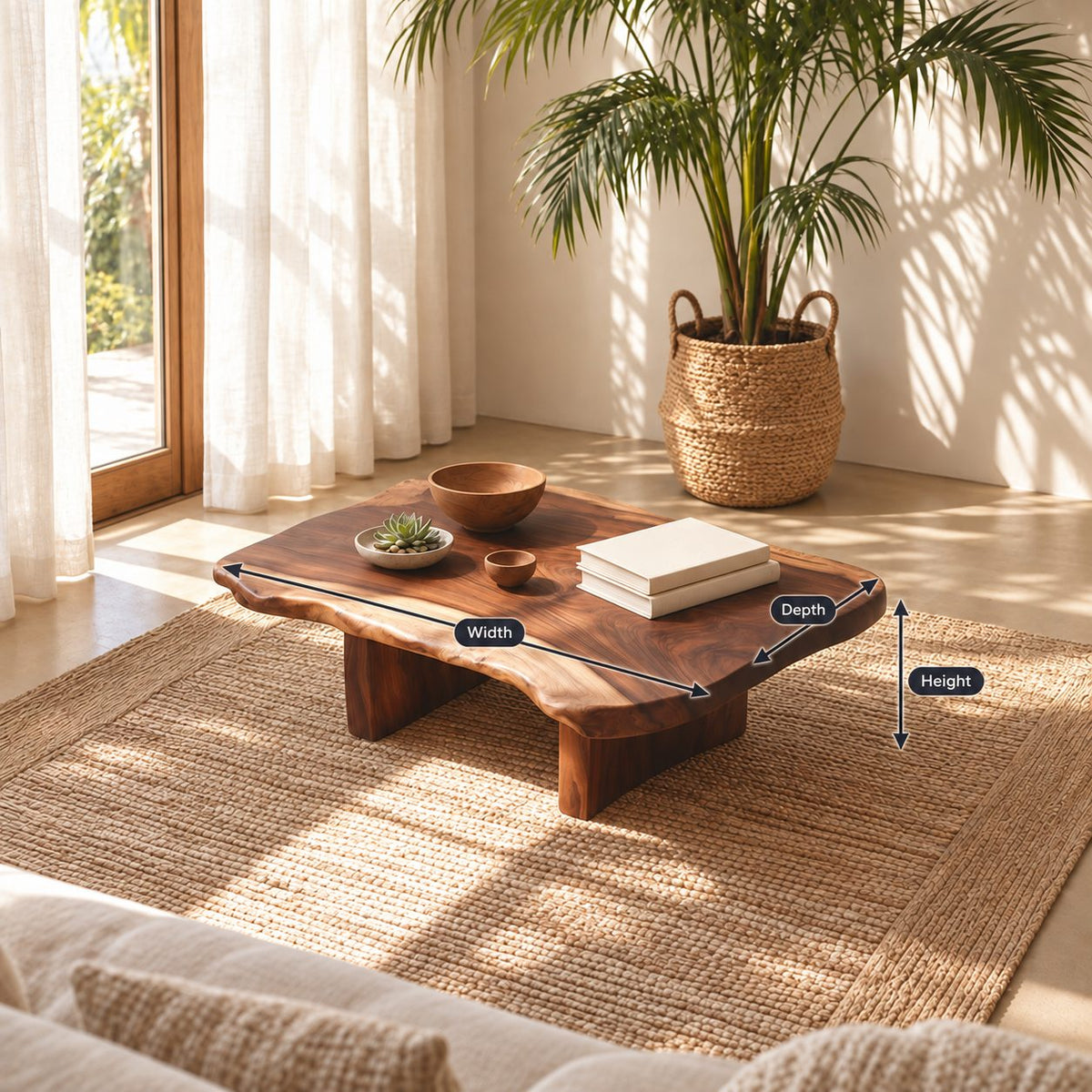 Low Live Edge Coffee Table with Natural Slab Top and Block Legs, Organic Solid Wood Lounge Table