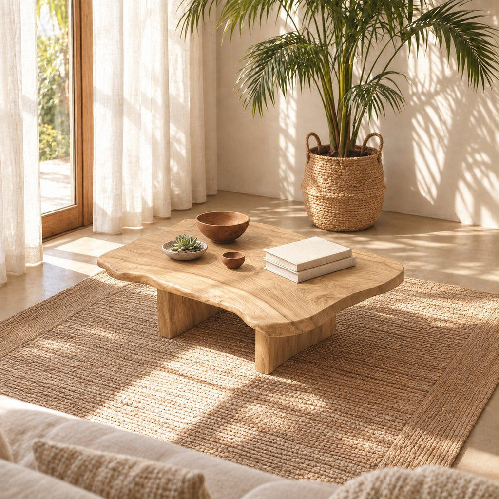 Low Live Edge Coffee Table with Natural Slab Top and Block Legs, Organic Solid Wood Lounge Table