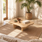 Low Live Edge Coffee Table with Natural Slab Top and Block Legs, Organic Solid Wood Lounge Table