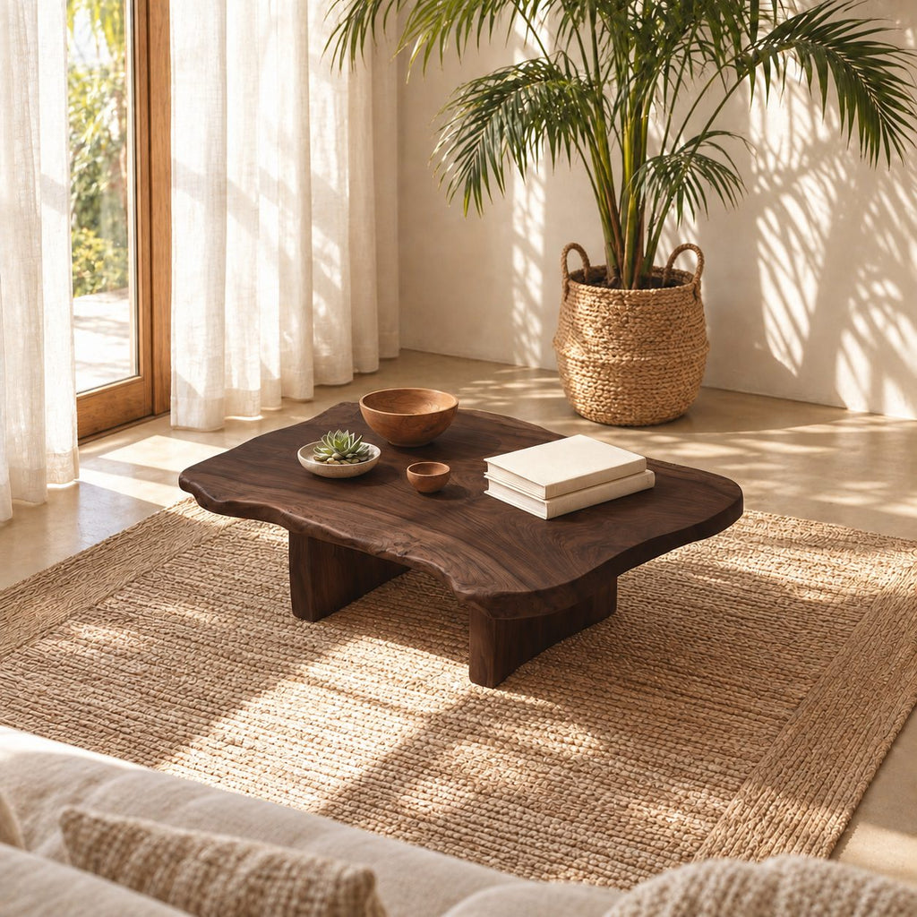 Low Live Edge Coffee Table with Natural Slab Top and Block Legs, Organic Solid Wood Lounge Table