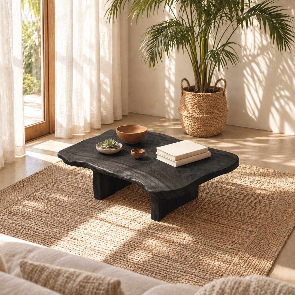 Low Live Edge Coffee Table with Natural Slab Top and Block Legs, Organic Solid Wood Lounge Table