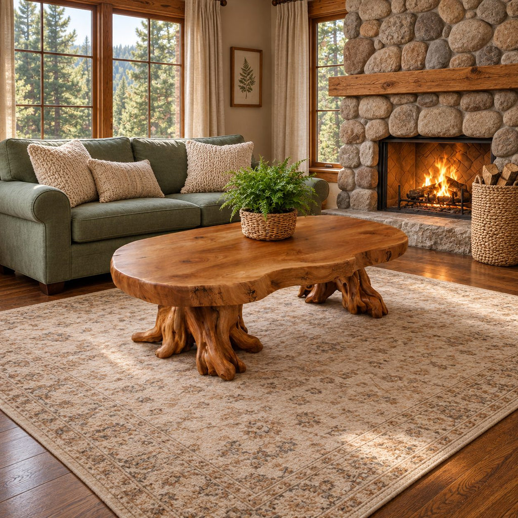 Rustic Root Base Coffee Table with Thick Peanut Shaped Slab Top, Handcrafted Solid Wood Accent Table