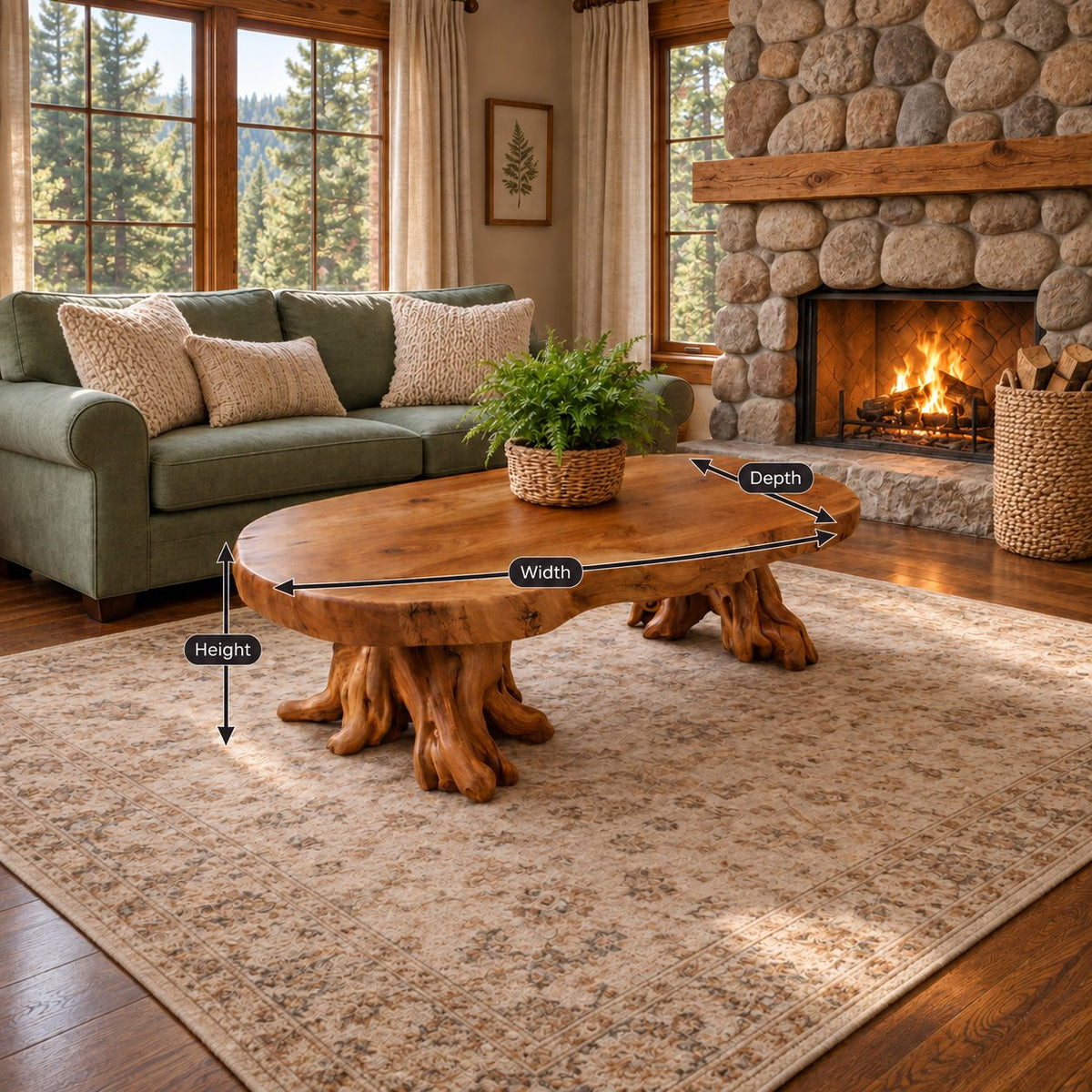 Rustic Root Base Coffee Table with Thick Peanut Shaped Slab Top, Handcrafted Solid Wood Accent Table