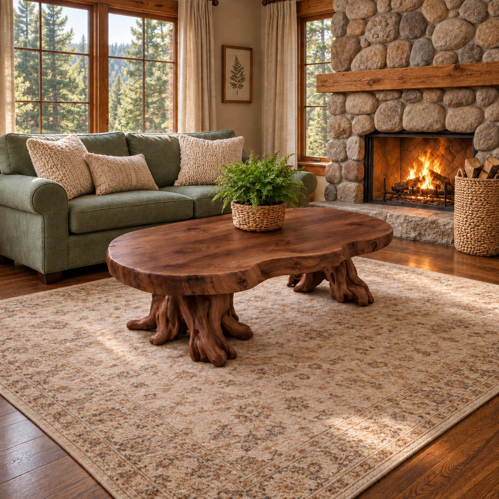 Rustic Root Base Coffee Table with Thick Peanut Shaped Slab Top, Handcrafted Solid Wood Accent Table