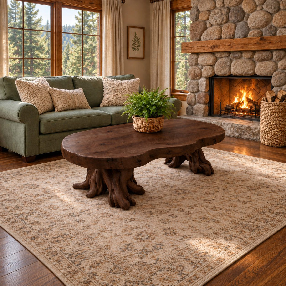 Rustic Root Base Coffee Table with Thick Peanut Shaped Slab Top, Handcrafted Solid Wood Accent Table
