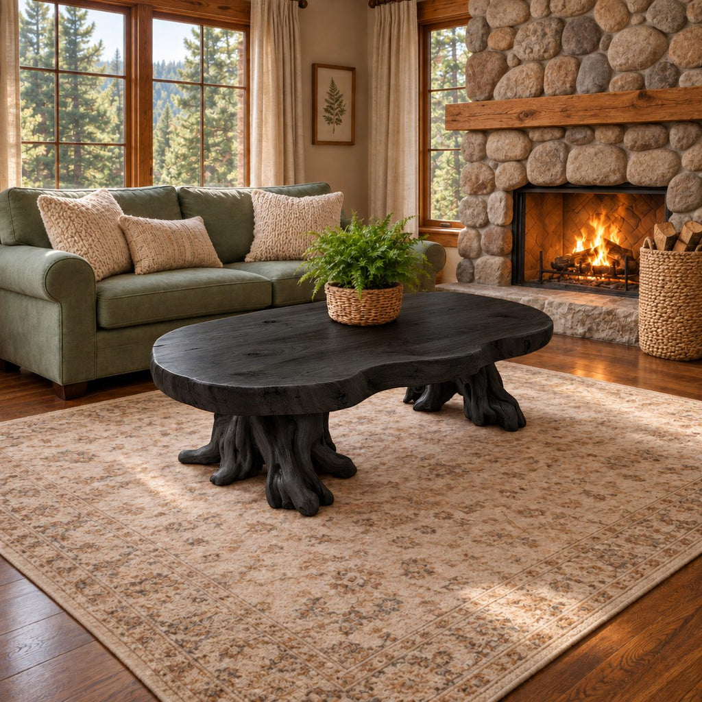 Rustic Root Base Coffee Table with Thick Peanut Shaped Slab Top, Handcrafted Solid Wood Accent Table