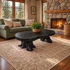 Rustic Root Base Coffee Table with Thick Peanut Shaped Slab Top, Handcrafted Solid Wood Accent Table