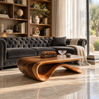 Sculptural Wave Base Coffee Table with Oval Top, Flowing Ribbon Solid Wood Living Room Table