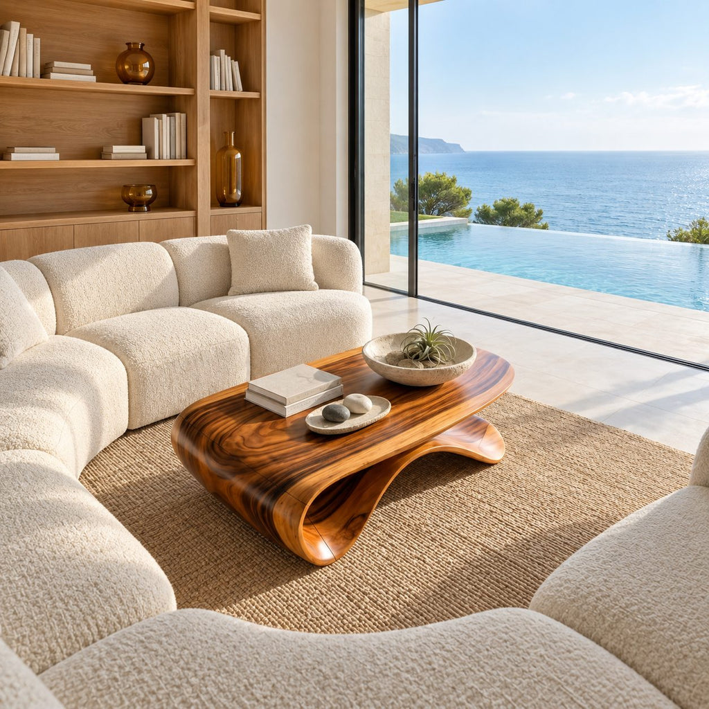 Sculptural Wave Base Coffee Table with Oval Top, Flowing Ribbon Solid Wood Living Room Table