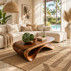 Sculptural Wave Base Coffee Table with Oval Top, Flowing Ribbon Solid Wood Living Room Table