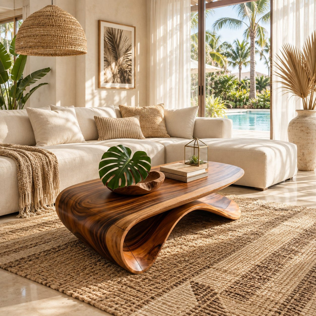 Sculptural Wave Base Coffee Table with Oval Top, Flowing Ribbon Solid Wood Living Room Table
