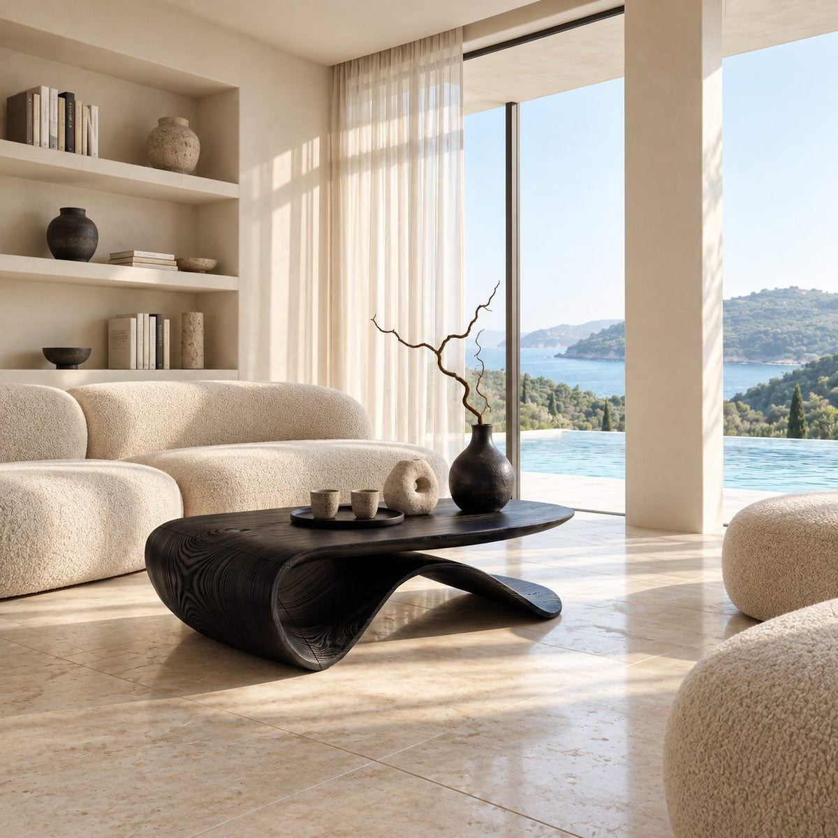Sculptural Wave Base Coffee Table with Oval Top, Flowing Ribbon Solid Wood Living Room Table