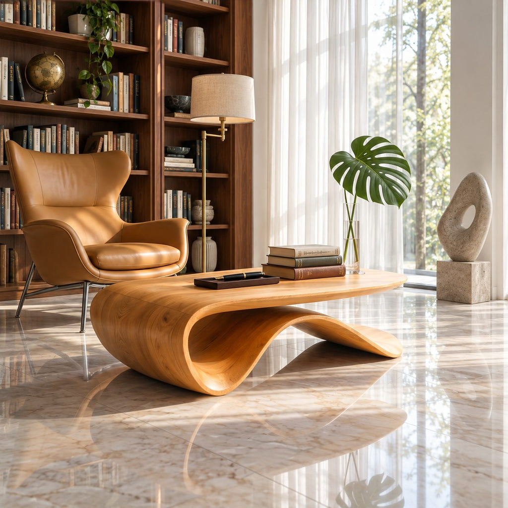 Sculptural Wave Base Coffee Table with Oval Top, Flowing Ribbon Solid Wood Living Room Table