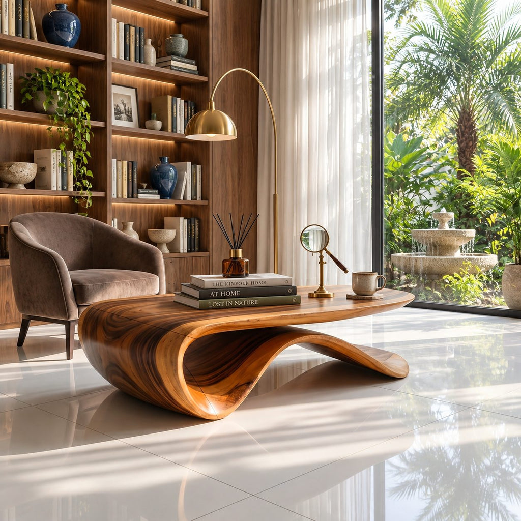 Sculptural Wave Base Coffee Table with Oval Top, Flowing Ribbon Solid Wood Living Room Table