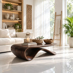 Sculptural Wave Base Coffee Table with Oval Top, Flowing Ribbon Solid Wood Living Room Table