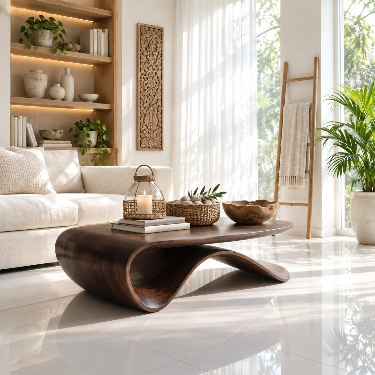 Sculptural Wave Base Coffee Table with Oval Top, Flowing Ribbon Solid Wood Living Room Table