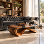 Sculptural Wave Base Coffee Table with Oval Top, Flowing Ribbon Solid Wood Living Room Table