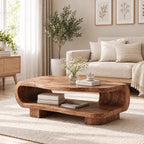 Rounded Coffee Table with Open Lower Shelf on Block Feet, Capsule Frame Solid Wood Storage Table