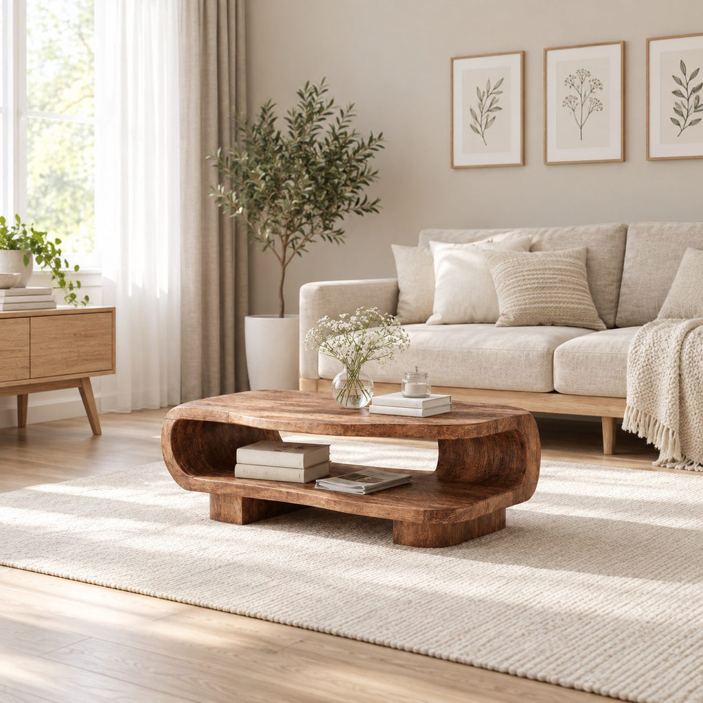 Rounded Coffee Table with Open Lower Shelf on Block Feet, Capsule Frame Solid Wood Storage Table