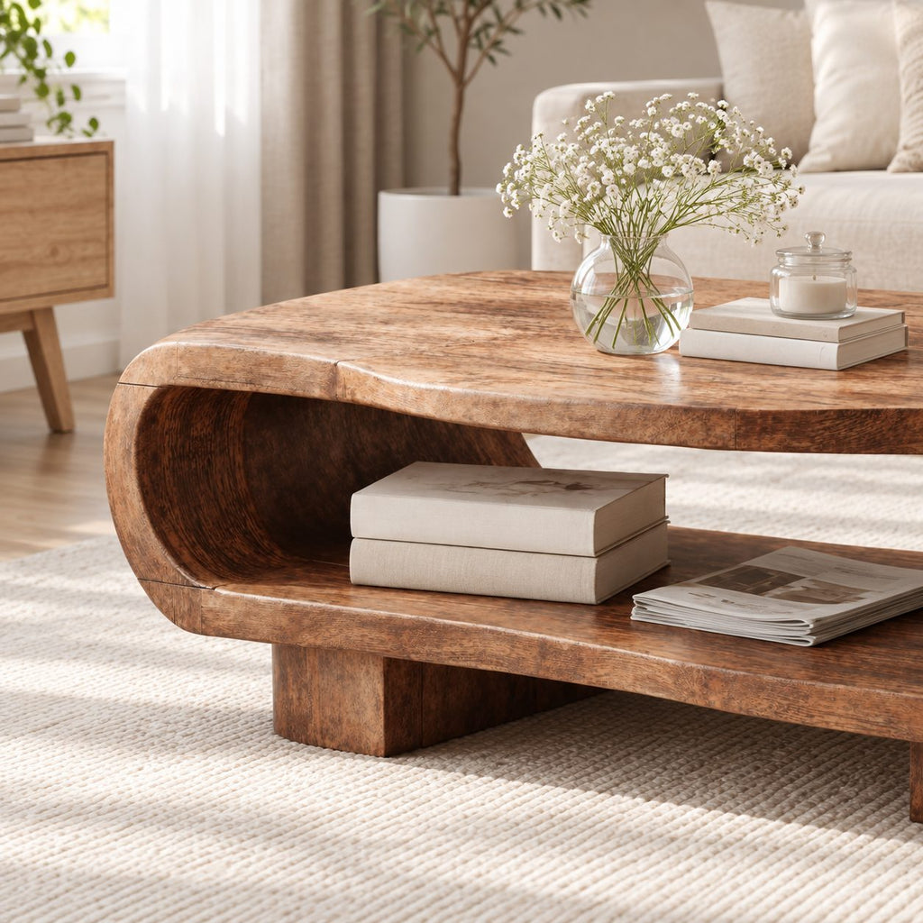 Rounded Coffee Table with Open Lower Shelf on Block Feet, Capsule Frame Solid Wood Storage Table