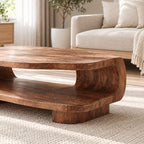Rounded Coffee Table with Open Lower Shelf on Block Feet, Capsule Frame Solid Wood Storage Table