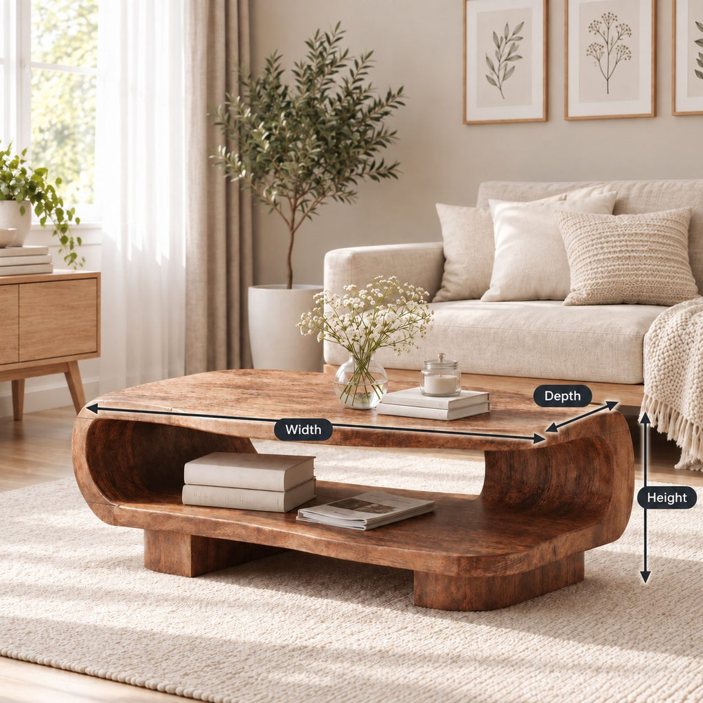 Rounded Coffee Table with Open Lower Shelf on Block Feet, Capsule Frame Solid Wood Storage Table